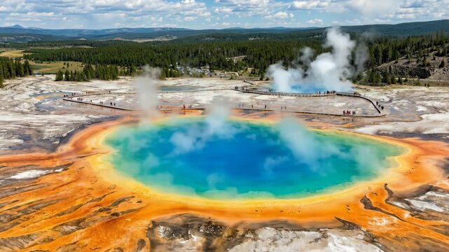 Grand prismatic spring showcasing its brilliant blue, green, and orange geothermal waters, surrounded by steam vents and a boardwalk with visitors exploring the unique natural landscape