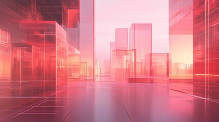 Futuristic abstract cityscape of transparent red glass skyscrapers glowing with reflected light, symbolizing digital networks, data flow, innovation and connected smart urban systems
