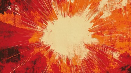 Vibrant red and orange brush strokes radiate from a light center, forming an explosion pattern with textured grunge accents, providing dynamic copy space