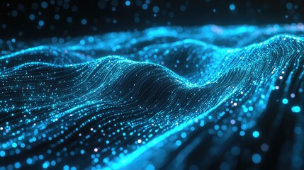 Abstract digital particles forming undulating waves, representing flowing information, big data, artificial intelligence, and network connections in a futuristic technology concept