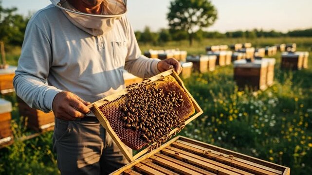Male adult caucasian beekeeper inspecting a honeycomb frame full of bees. He works in protective gear at an apiary. Promoting sustainable organic honey production
