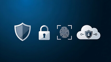 Digital security set on dark background: A suite of essential digital security symbols, including a shield, padlock, fingerprint scanner, and a cloud icon with a shield.
