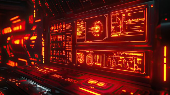 Futuristic control panel showcasing glowing red holographic screens and intricate data visualizations, representing a complex operating system for advanced technological applications - Powered by Adobe