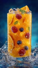 Refreshing drink with fruits splashing in a glass during a summer day