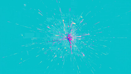 A vibrant teal blue background is dominated by a central abstract explosion of light and lines
