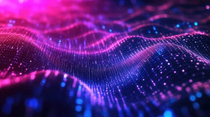 Abstract digital waves creating a modern background, representing flowing data, information, and technological connections with vibrant magenta, purple, and blue particle lights
