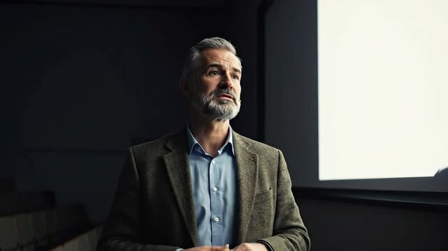 Engaging business presentation: speaker explains concepts with confidence in modern conference room