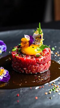 Close-up of a meticulously plated steak tartare topped with a vibrant egg yolk and edible flowers
