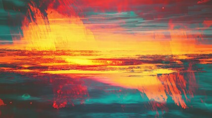 Abstract digital painting presenting a vibrant blend of warm orange, yellow, and red hues contrasting with cool teal tones, creating a dynamic textured background with glitch effects