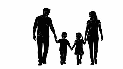Silhouette of a family walking together holding hands.