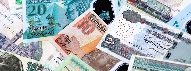 Egyptian pound currency money bills. The current banknotes lies on table in big amount close up