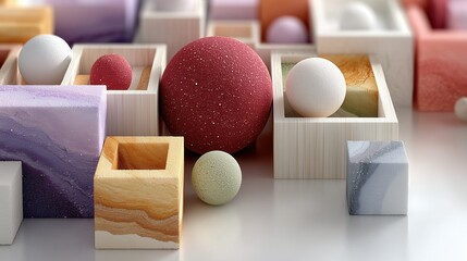 Colorful geometric shapes and spheres arranged on a surface during a studio setting