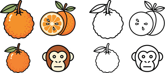 Colorful and white cartoon oranges with monkey faces and sliced views fruit © VARIOUS