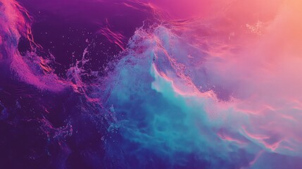 Abstract background blending water and smoke effects. Showcasing dynamic splashes and swirling textures with vibrant gradients of purple. Blue. Pink. And orange. Expressing fluidity and cosmic energy