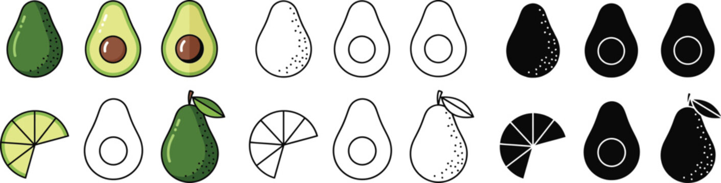 Colorful avocado and pear with different textures and patterns fruit green black