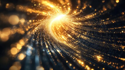 Golden light particles creating an abstract swirling tunnel pattern, symbolizing high speed data transfer, digital connectivity, and the flow of information in a futuristic network
