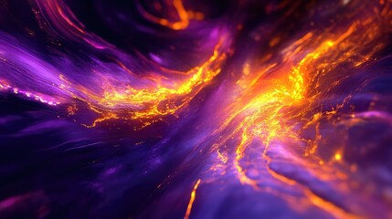Abstract cosmic wave of glowing orange and purple liquid light, vibrant fluid patterns and motion suggesting energy, data flow, futuristic network and dynamic modern design