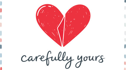 A minimal illustration of a broken red heart with the words carefully yours written below on white background with colorful borders