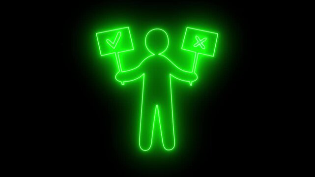 Glowing Neon Person Icon Decision Making Check Mark Cross Symbol Isolated Black Background. 4k animation.