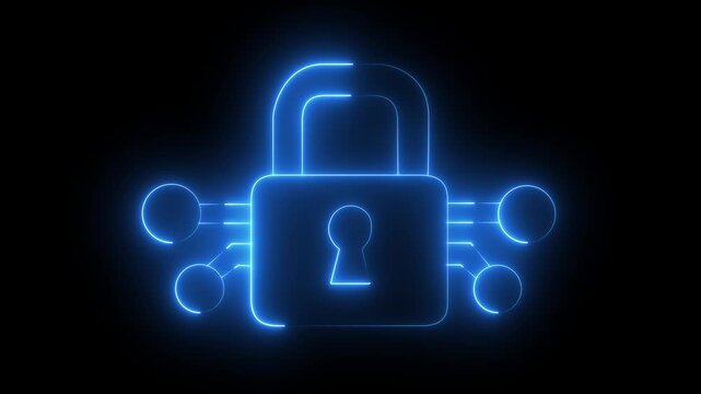 Abstract glowing neon security lock icon features a glowing, vibrant lock symbol with a subtle pulse, Scan and lock in purple theme.