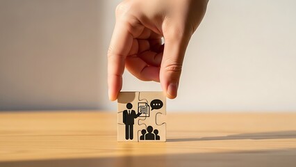 A hand delicately balancing a wooden block with silhouettes on a table conveying a sense of careful business strategy and teamwork