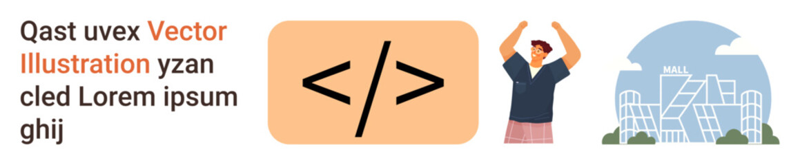 Web development, career aspiration, programming education, urban lifestyle, motivation, digital creativity. Coding symbol, person celebrating modern building silhouette. Web development and career