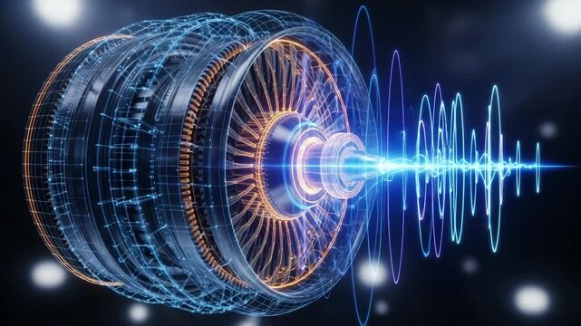 Abstract futuristic engine with glowing wireframe elements. Dynamic energy waves emanate from the core. Representing advanced technology, data processing, and innovation