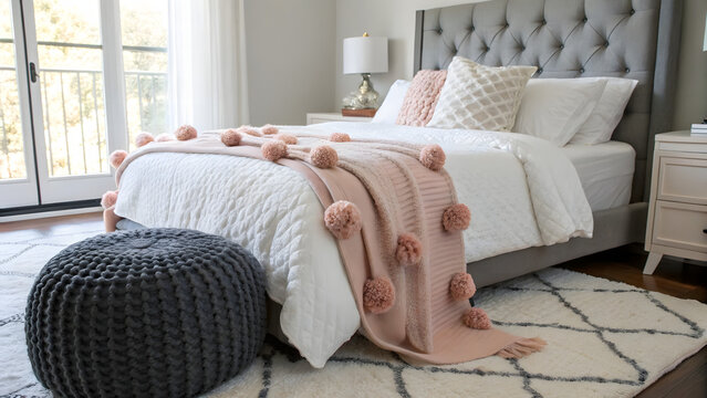 Cozy bedroom with gray tufted headboard and white bedding