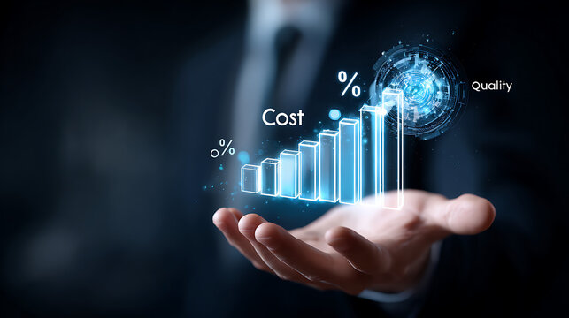 Glowing blue bar graph with cost and quality indicators business finance - Powered by Adobe