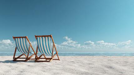 Two deck chairs on a pristine beach with a clear blue sky, evoking a sense of relaxation and tranquility. The scene is perfect for a peaceful getaway.