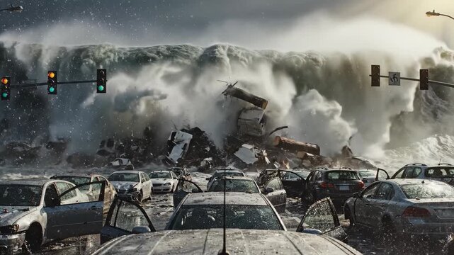 Massive tsunami overwhelms traffic intersection with destructive force