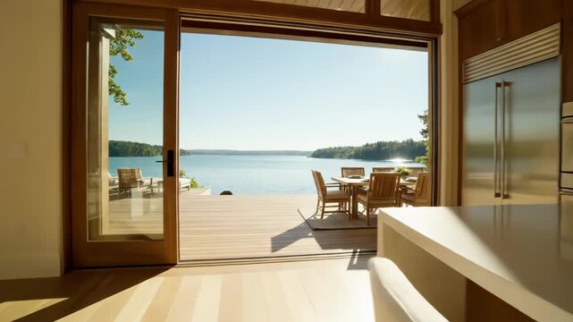 Modern luxury home interior with open concept kitchen and living area featuring large windows overlooking a serene lake or ocean view