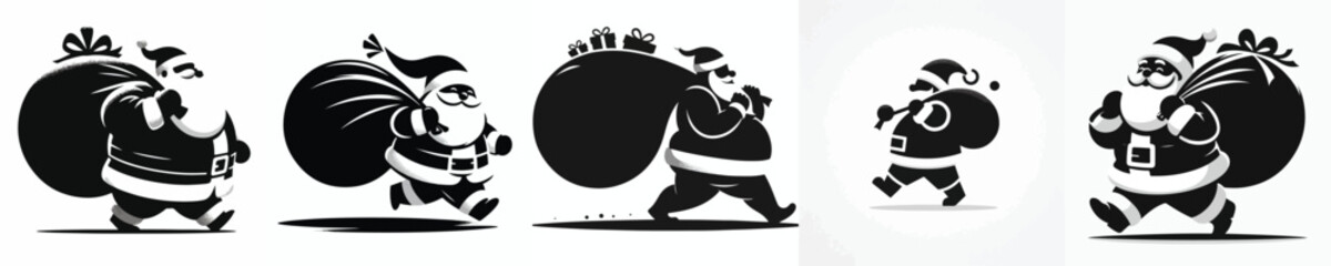 vector silhouette of santa claus walk carrying a bag of christmas gifts