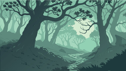 Detailed Vector Illustration of Dark, Moody Forest Landscape with Stone Path and Moonlit Canopy © SABIHA