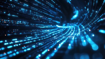 Blue glowing particles creating abstract lines illustrate fast electronic information transfer through a virtual cyberspace tunnel, representing technology, communication, and big data visualization