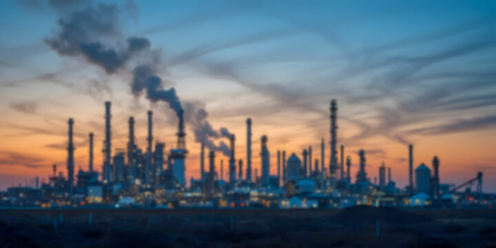 Industrial landscape at sunset with smokestacks and atmospheric clouds