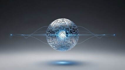 A futuristic digital globe with a metallic reflective surface and blue accents floating on a gradient background