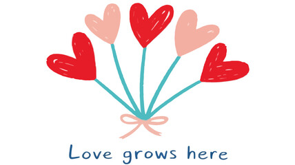 A flat illustration of six heart shapes in red and pink tied with a bow on stems