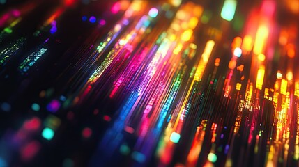 Abstract digital patterns creating a vibrant, dynamic backdrop, depicting concepts of technology, high speed data transfer, global communication, and network connectivity through glowing light lines