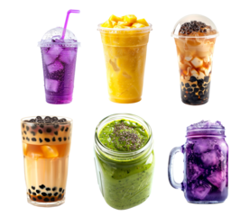 Pineapple juice and ice cubes, Bubble tea drink with tapioca pearls and Grape soda cocktail isolated on white background