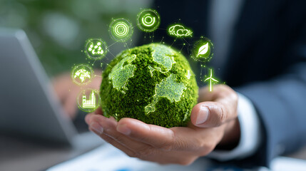 Green earth globe held in hands with glowing environmental icons holding