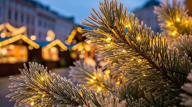 Frosted pine branches adorned with warm string lights. A festive winter scene with blurred christmas market stalls in the background. Ideal for holiday greetings and seasonal promotions
