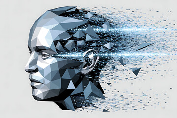 Futuristic polygonal human head with digital explosion