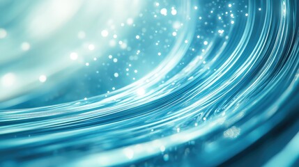 Abstract blue lines create a dynamic wave pattern, illustrating digital data flow or clean fluid energy with sparkling light particles against a bright background