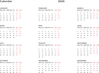 Simple Black and White 2026 Yearly Calendar Template for Planning and Scheduling