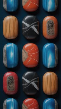 Collection of japanese netsuke or ojime beads with various textures and colors on a dark background