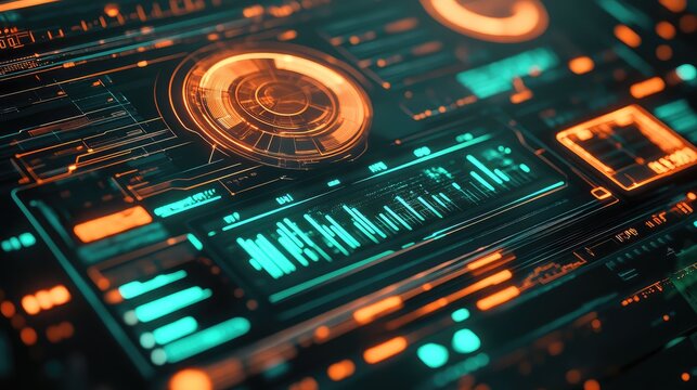 Futuristic abstract dashboard providing a complex visual representation of data, statistics, and advanced technological concepts with glowing elements and intricate information displays - Powered by Adobe