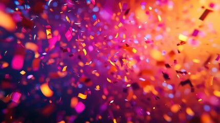 Brightly colored confetti pieces exploding and falling across a gradient background of pink, purple, and orange hues, creating a dynamic and festive atmosphere