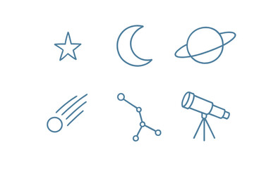 Set of simple line icons representing celestial bodies and astronomy tools