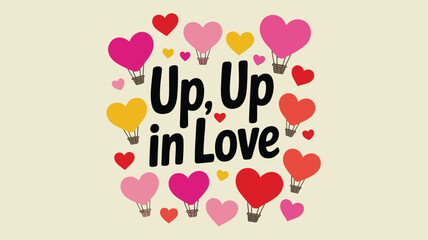 Soft cream background with heart shaped hot air balloons in various pink, red, and yellow hues, love themed design